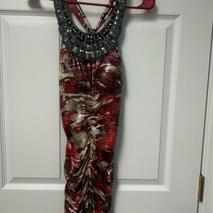 Red Patterned Ruched Mini Dress with Embellished Halter Neck